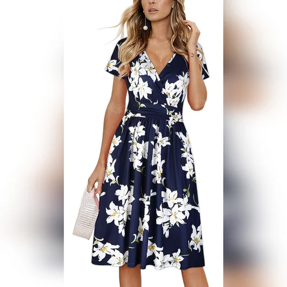 Ouges Dresses | Ouges Women's Summer Short Sleeve V-Neck Floral Short Party Dress With Pockets | Color: Blue/White | Size: Xl | Kvjohnson014's Closet